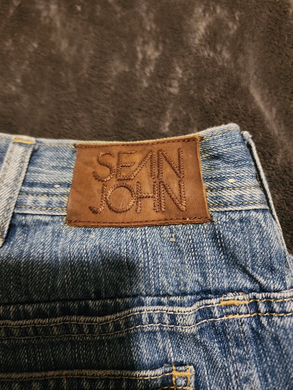 Sean John Blue Denim Jean Shorts with Brown Leather Patch